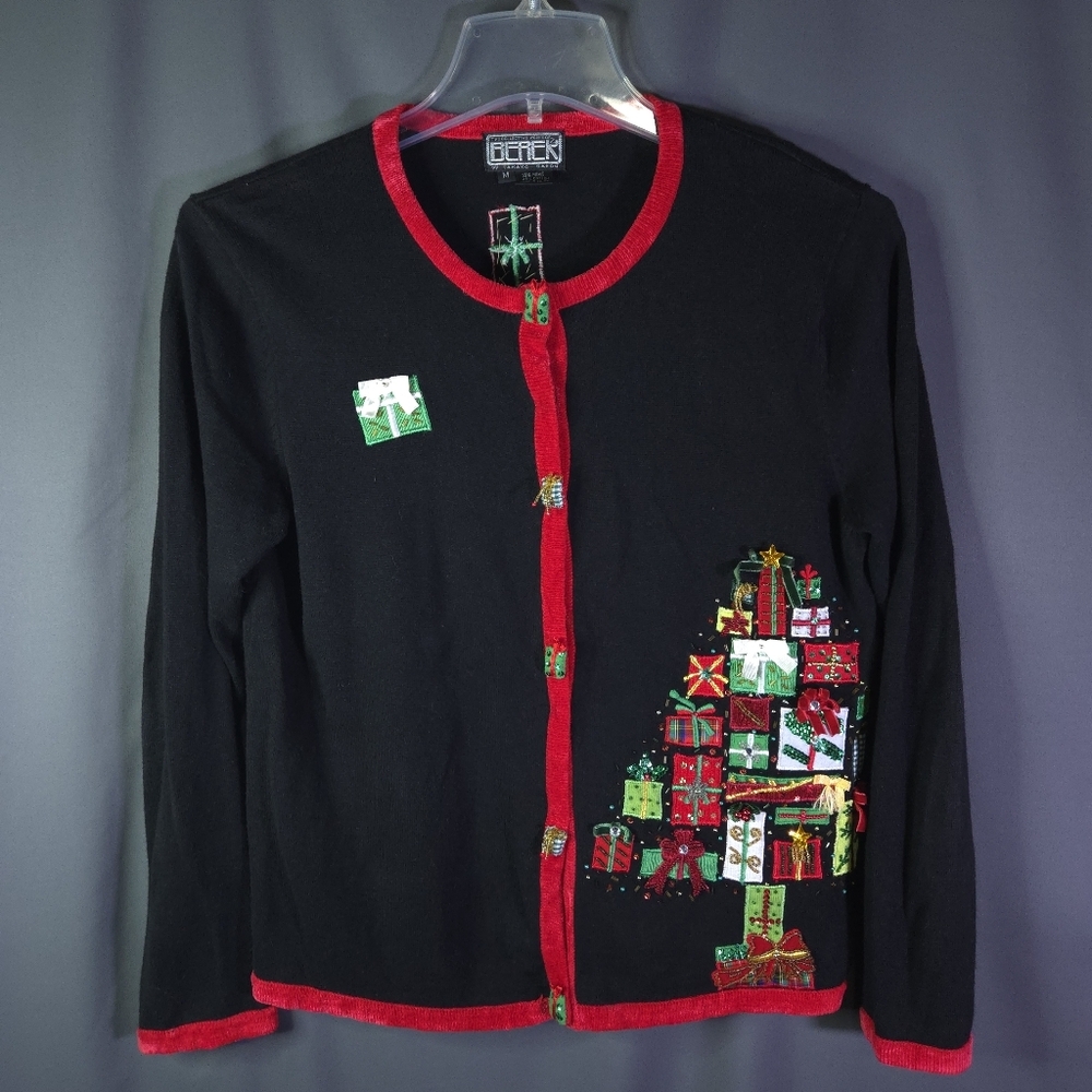 Berek Beaded Christmas Cardigan Size Medium‎ Bells Presents Tree